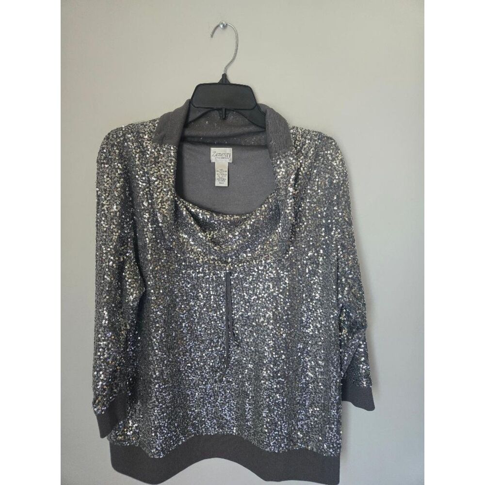 Zenergy by Chico's Silver Sequins 3/4 Sleeves Women Top. Size 3 (L). Pre-owned